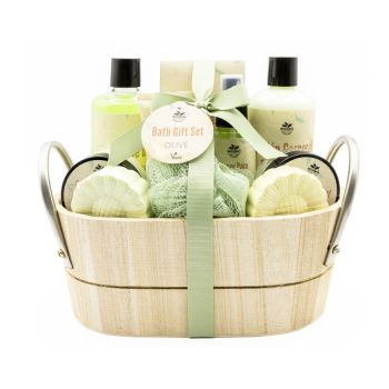 Conjunto de casa de banho com cesto de madeira olive com pegas