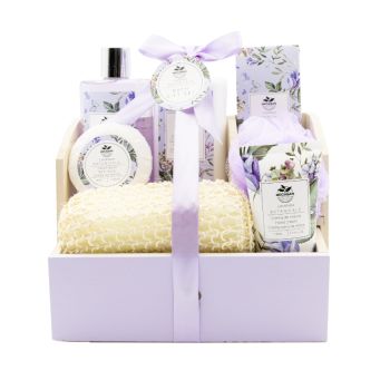 Cesto de banho de madeira com lavanda da Lavender Botanicals Set