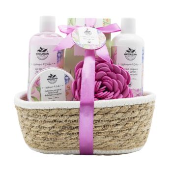 Conjunto de casa de banho com cesto de vime com aroma floral